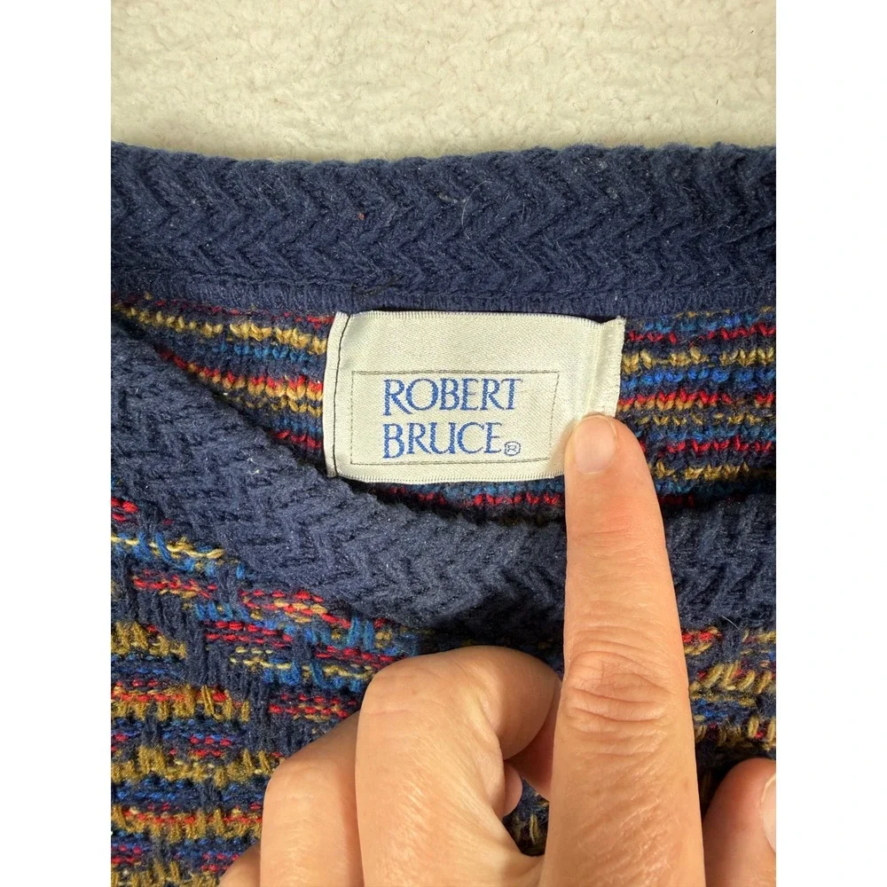 Robert Bruce Vintage Geometric Diamond Knit Crewneck Sweater Navy Red Gold XL